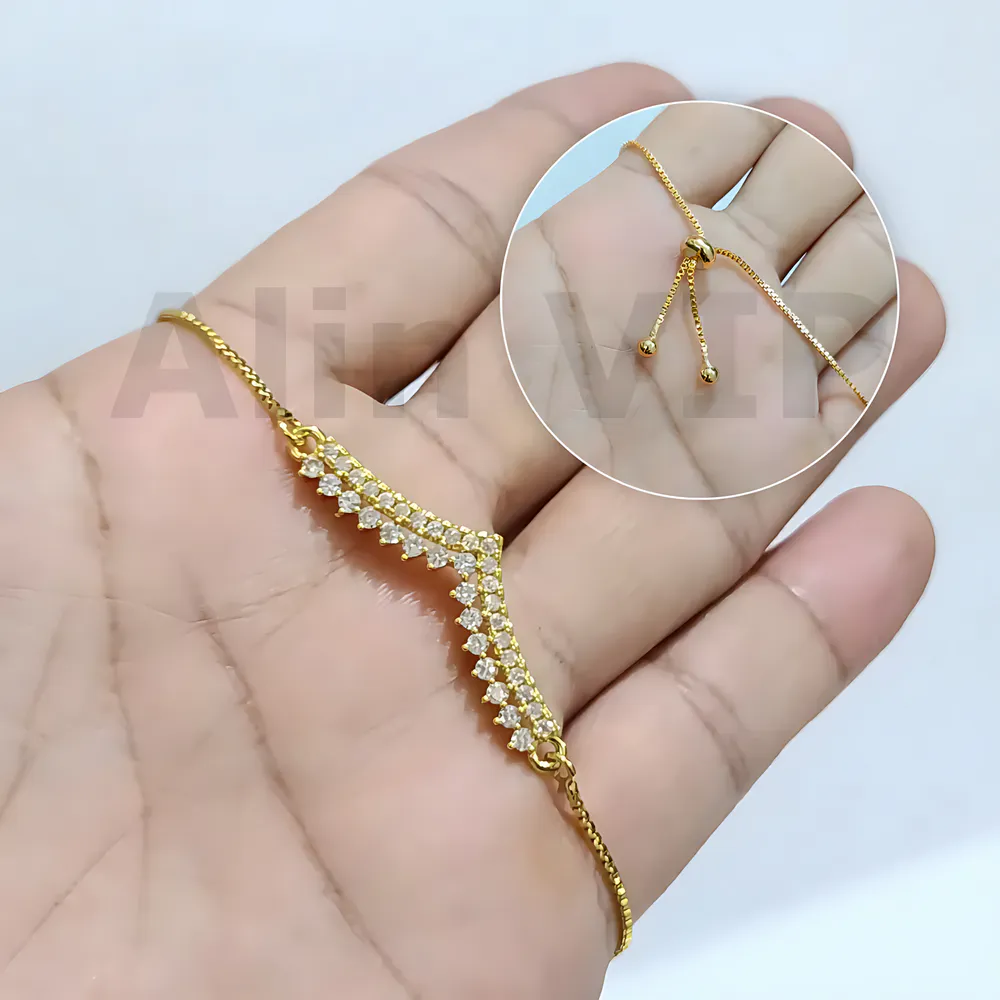 gelang serut wanita lapis gold model v zirconia mewah alin vip gls041