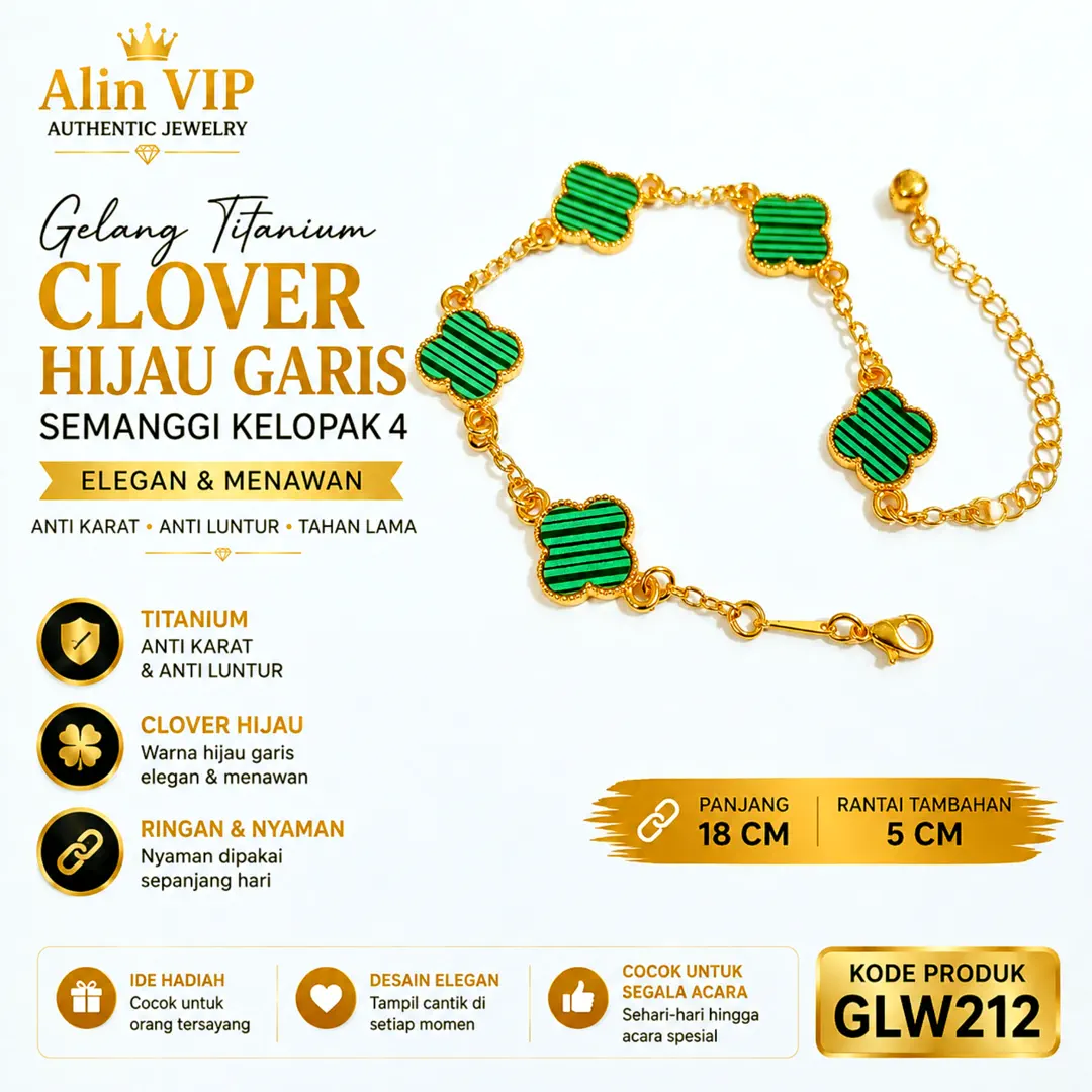 gelang clover hijau garis titanium gold semanggi kelopak 4 alin vip glw212