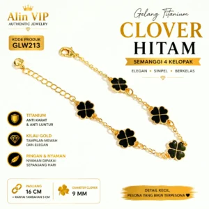 gelang clover hitam titanium gold semanggi kelopak 4 alin vip glw213