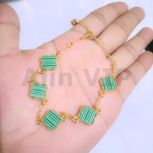gelang tangan wanita clover hijau garis 13mm beaded titanium gold alin vip glw212