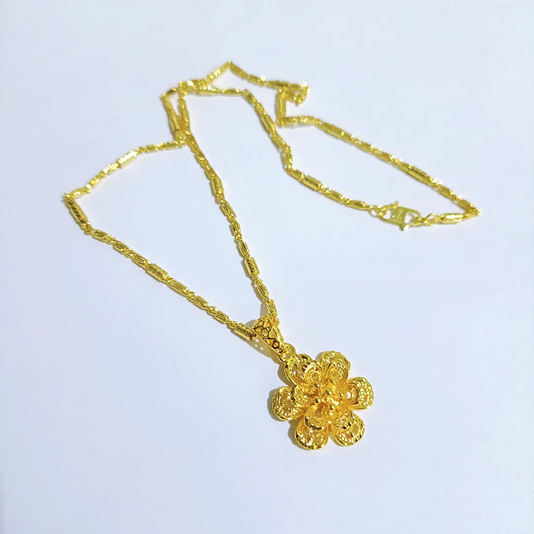 kalung titanium wanita gold rantai bambu 45cm liontin bunga kerawang anti karat luntur alin vip klw125