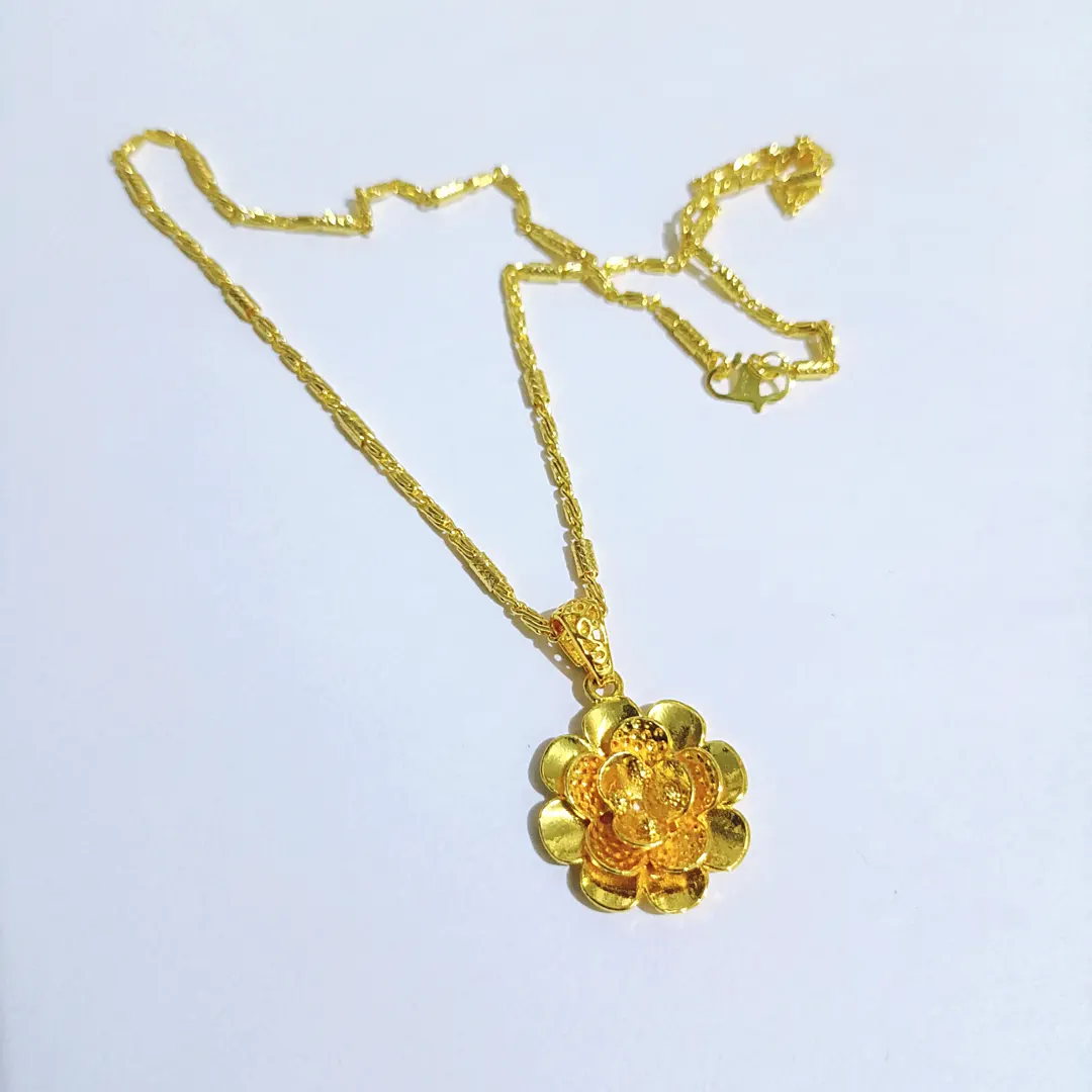 kalung titanium wanita gold rantai bambu liontin bunga mawar tumpuk tahan lama alin vip klw127